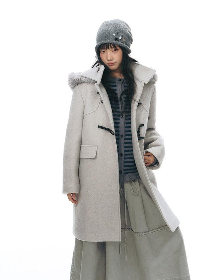 NAPSNAPS Cool White Retro Detachable Fur Collar Toggle Hooded Padded Women&