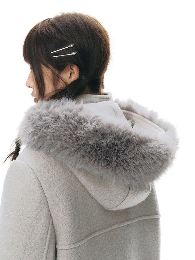 NAPSNAPS Cool White Retro Detachable Fur Collar Toggle Hooded Padded Women&