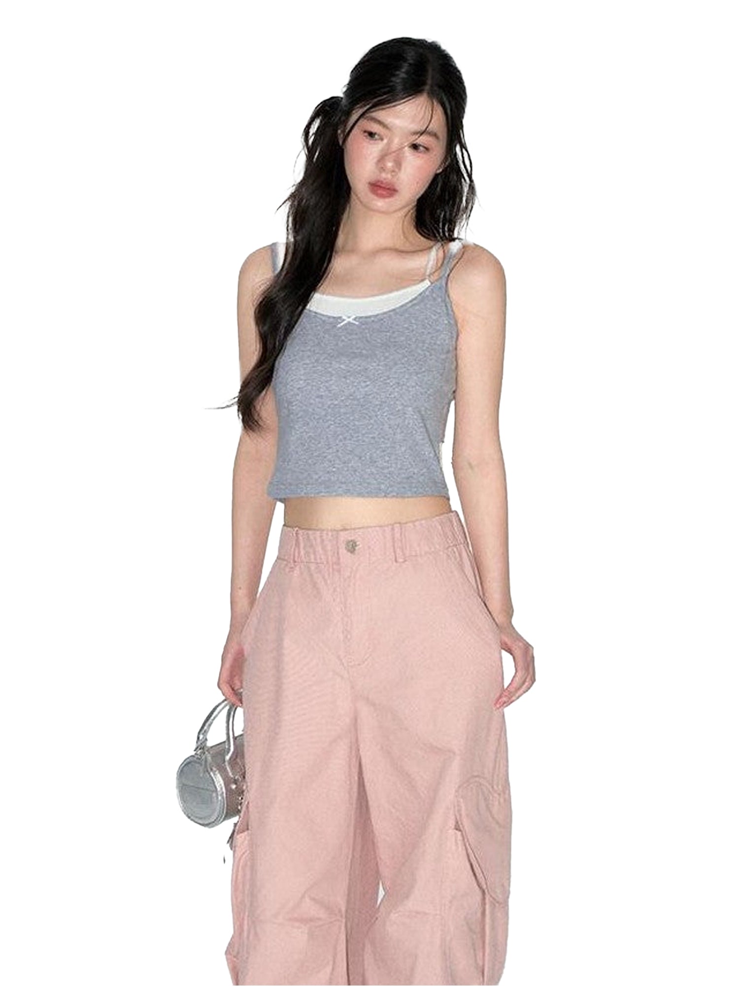 NAPSNAPS Cropped Lace Trim Faux Two Piece Spliced Slim Fit Women&