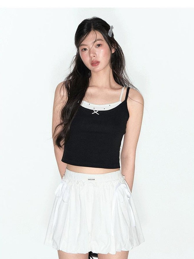 NAPSNAPS Cropped Lace Trim Faux Two Piece Spliced Slim Fit Women&