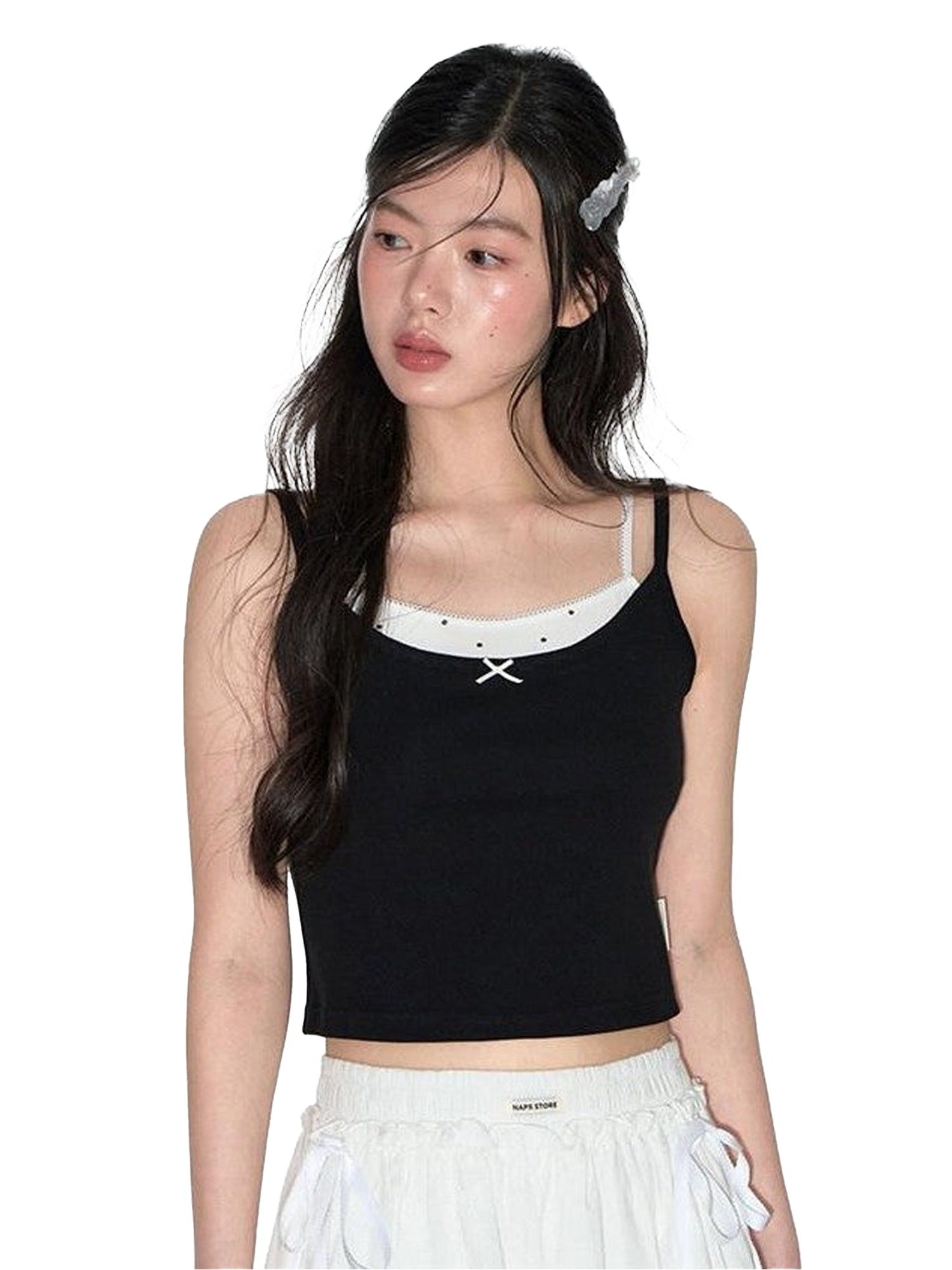 NAPSNAPS Cropped Lace Trim Faux Two Piece Spliced Slim Fit Women&