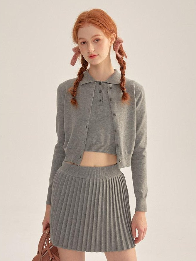 NAPSNAPS Cropped Round Neck Buttoned Polo Knit Women&