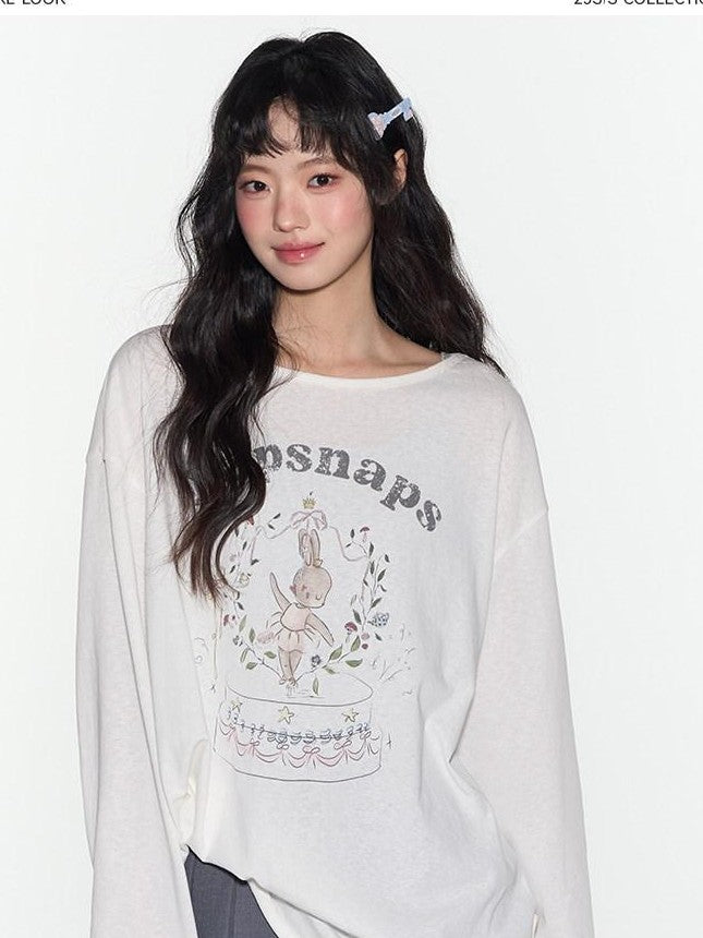 NAPSNAPS Cute Rabbit Print Loose Crewneck Women&