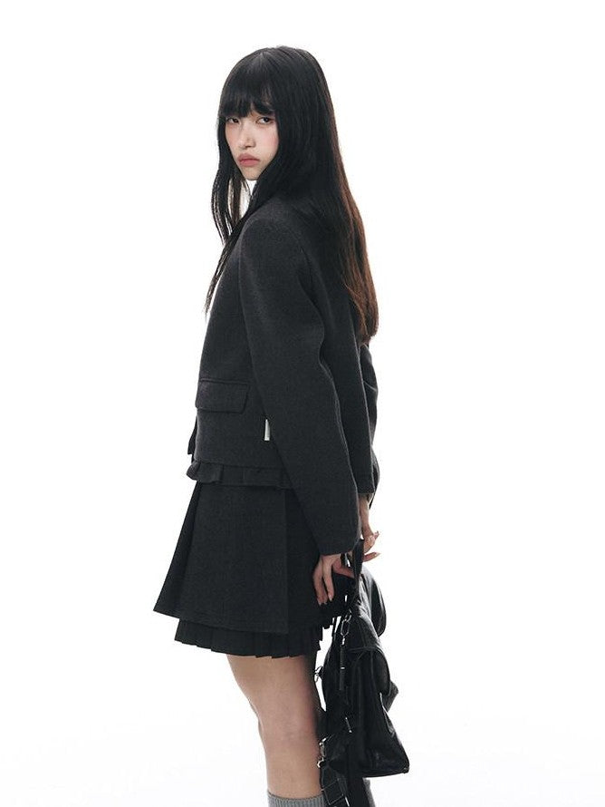 NAPSNAPS Dark Gray Ruffle Hem Patchwork College Women&