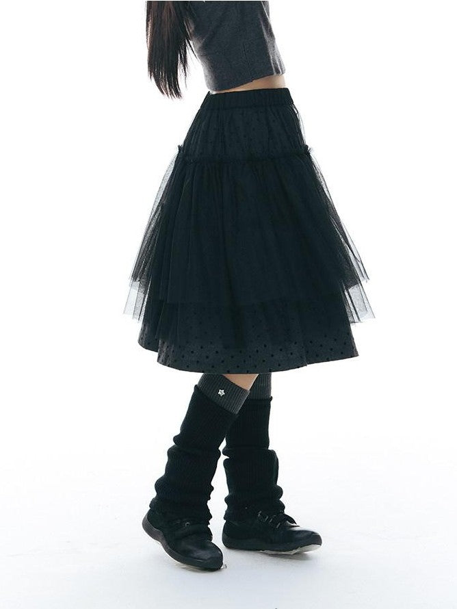 NAPSNAPS Dark Polka Dot Double Layer Pleated High Waist Women&