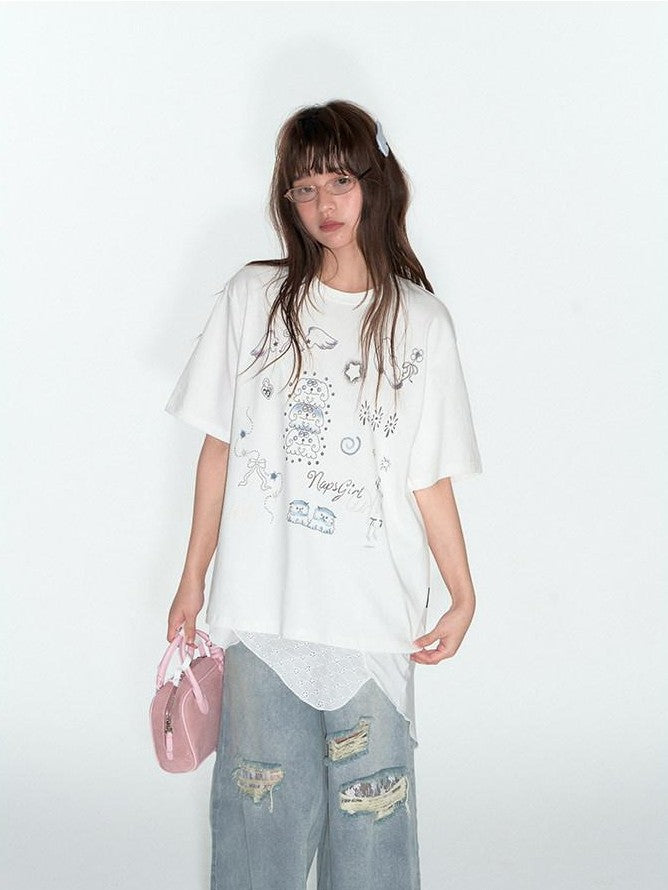 NAPSNAPS Denim Blue Lace Ripped Contrast Stitch Wide Leg Women&