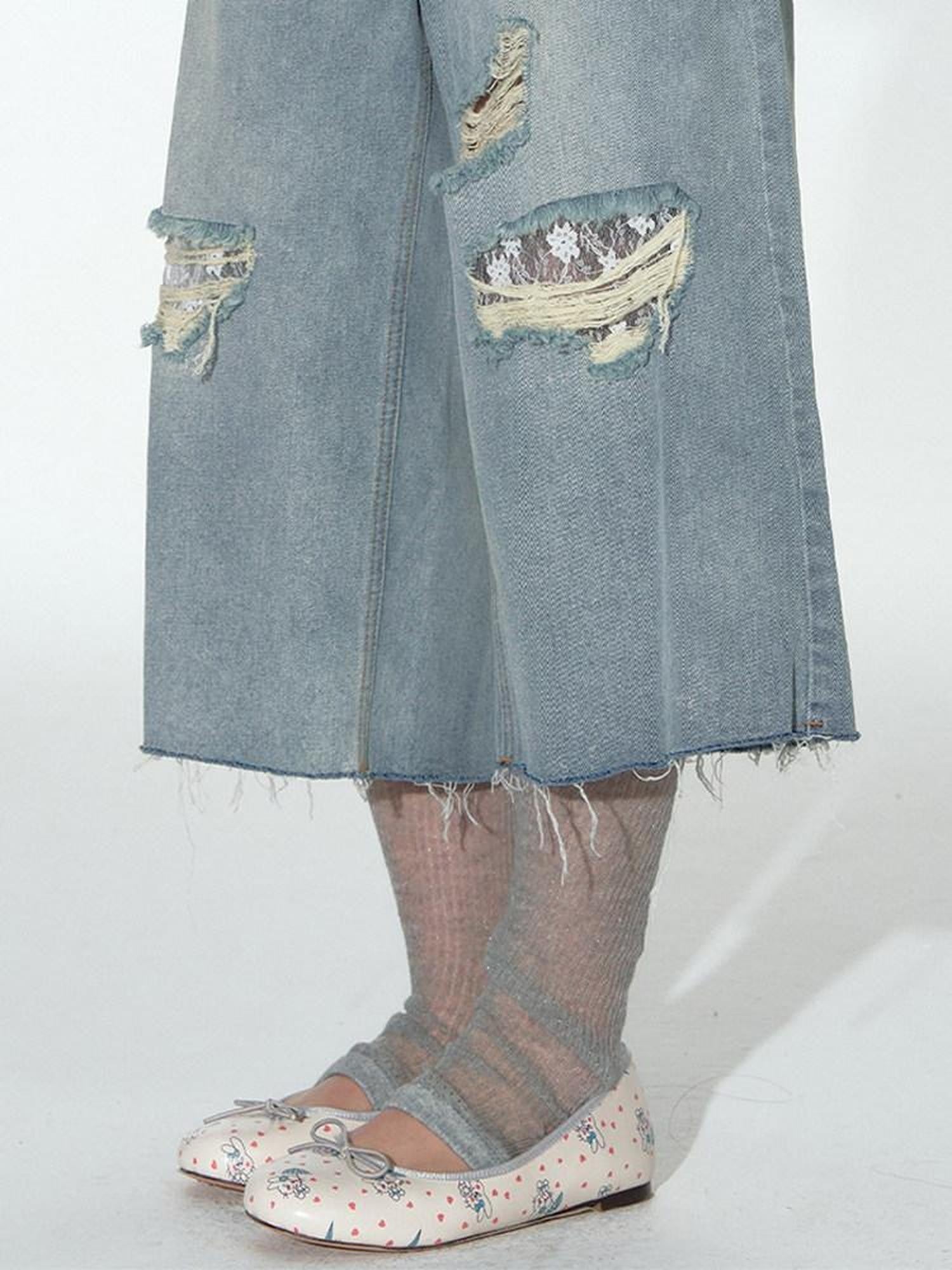 NAPSNAPS Denim Blue Lace Ripped Contrast Stitch Wide Leg Women&