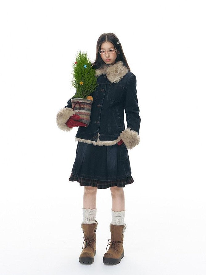NAPSNAPS Denim Red Plaid Patchwork Wide Waist Women&