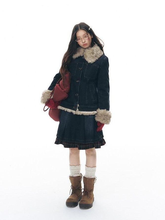 NAPSNAPS Denim Red Plaid Patchwork Wide Waist Women&