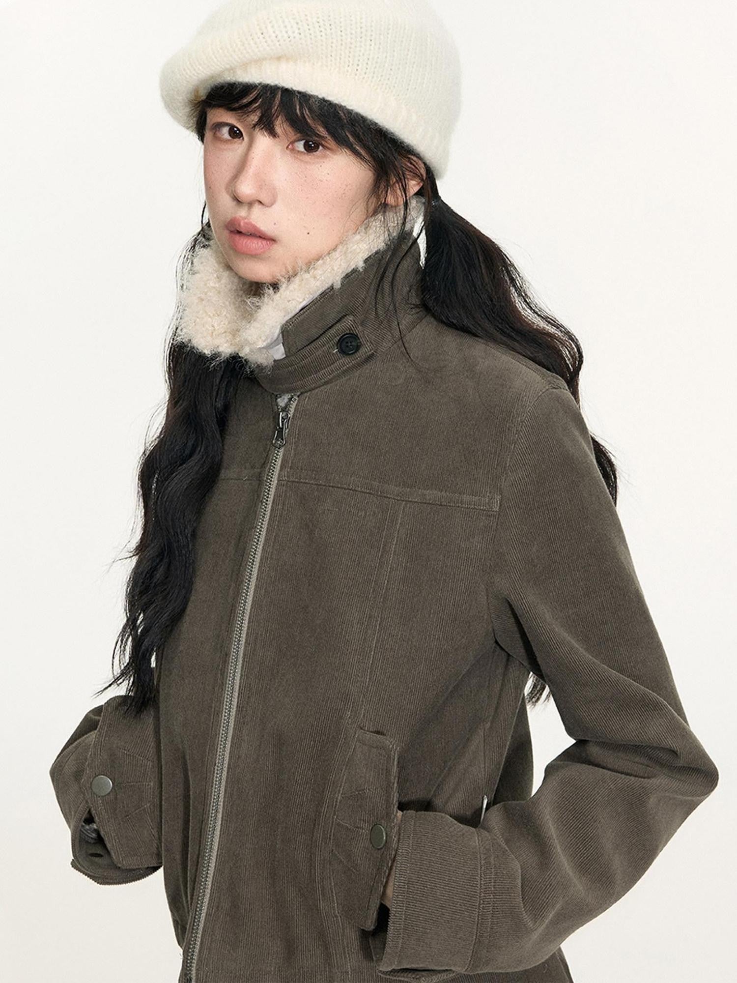 NAPSNAPS Detachable Fur Collar Patchwork Zipper Women&
