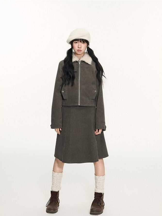 NAPSNAPS Detachable Fur Collar Patchwork Zipper Women&