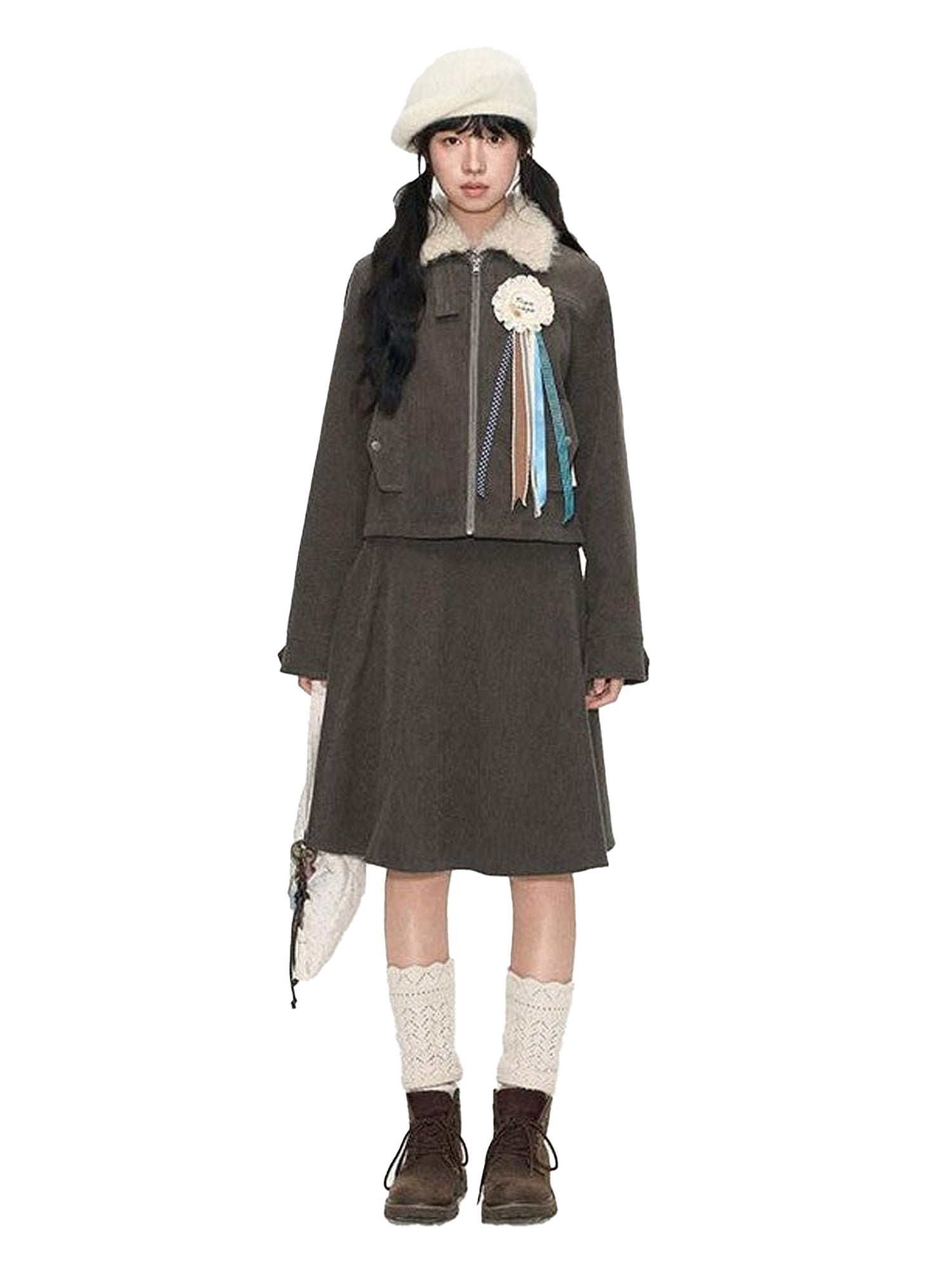 NAPSNAPS Detachable Fur Collar Patchwork Zipper Women&