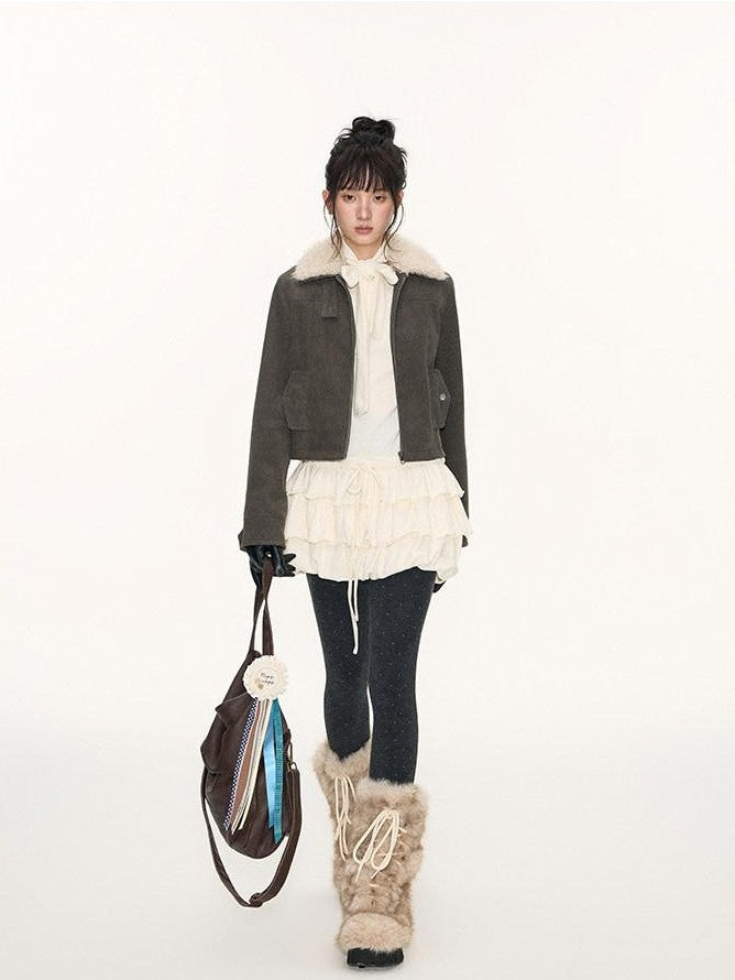 NAPSNAPS Detachable Fur Collar Patchwork Zipper Women&