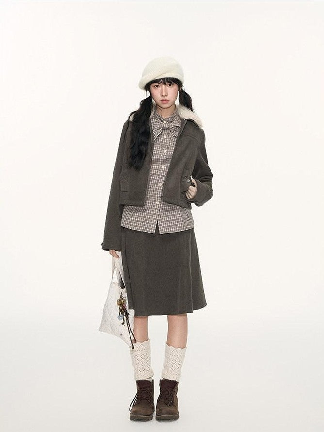 NAPSNAPS Detachable Fur Collar Patchwork Zipper Women&