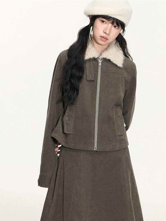 NAPSNAPS Detachable Fur Collar Patchwork Zipper Women&