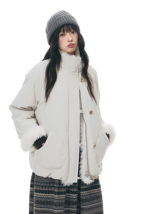 NAPSNAPS Detachable Fur Collar Stand Collar Zipper Petite Women&