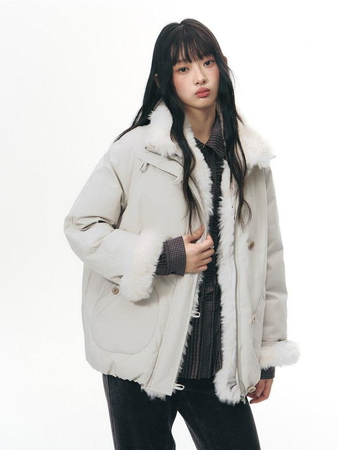 NAPSNAPS Detachable Fur Collar Stand Collar Zipper Petite Women&