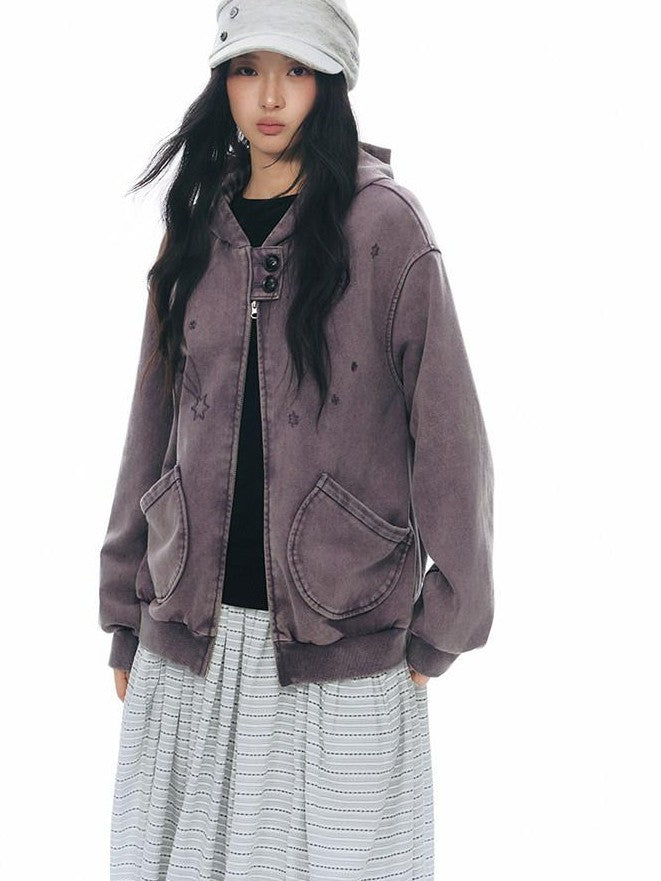NAPSNAPS Distressed Colorblock Six Point Star Embroidery Zip Women&
