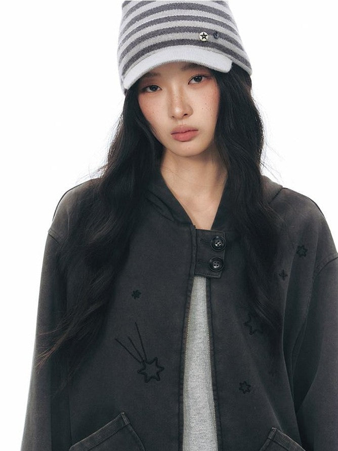 NAPSNAPS Distressed Colorblock Six Point Star Embroidery Zip Women&