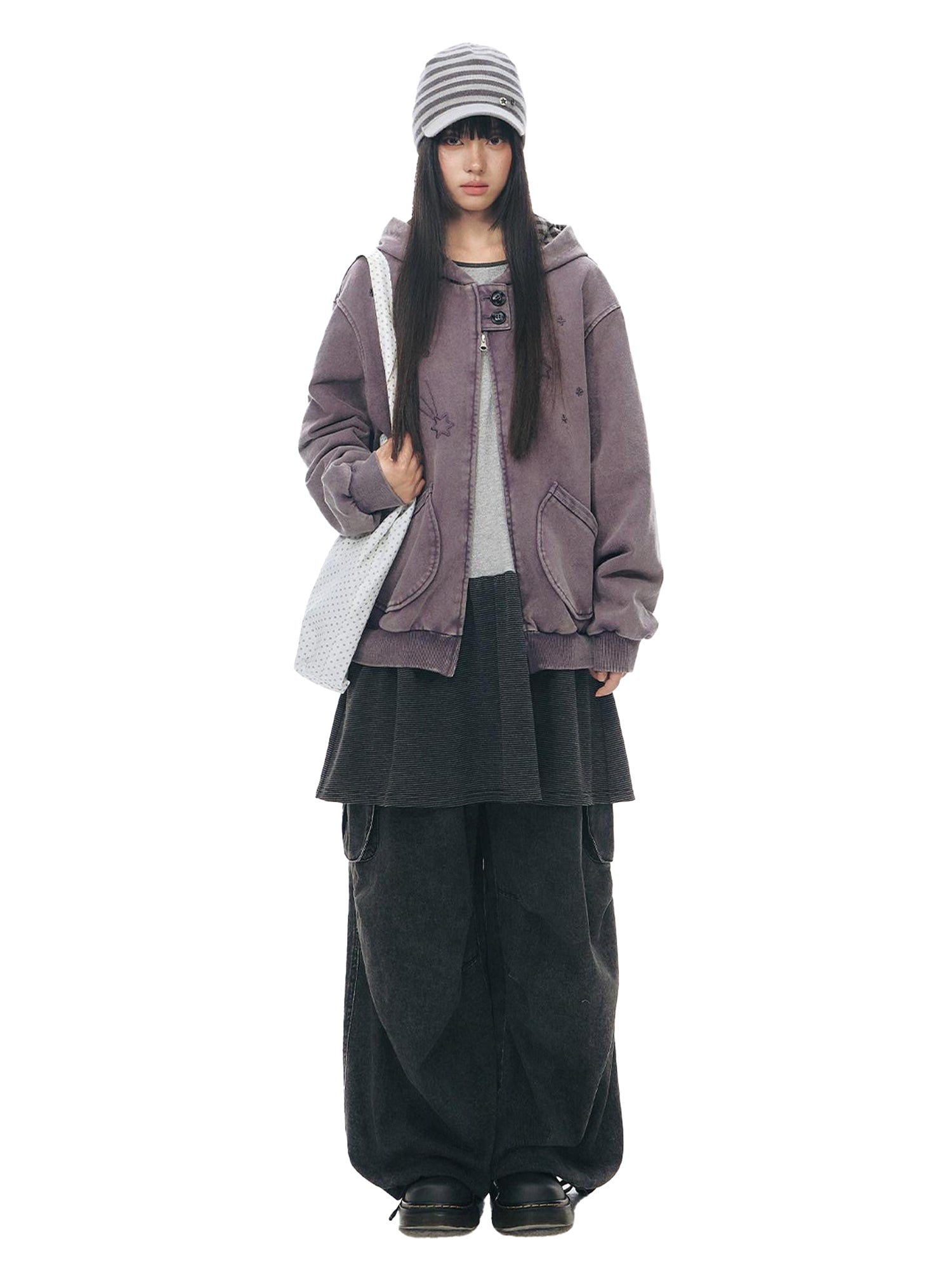 NAPSNAPS Distressed Colorblock Six Point Star Embroidery Zip Women&