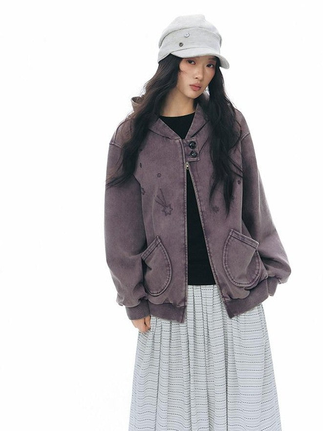 NAPSNAPS Distressed Colorblock Six Point Star Embroidery Zip Women&