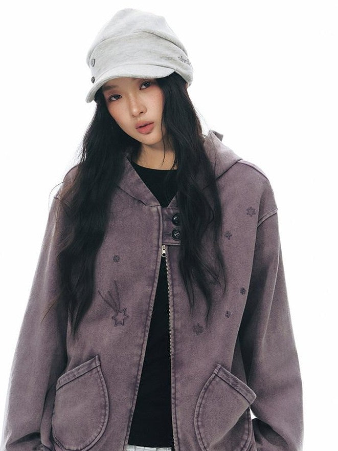 NAPSNAPS Distressed Colorblock Six Point Star Embroidery Zip Women&