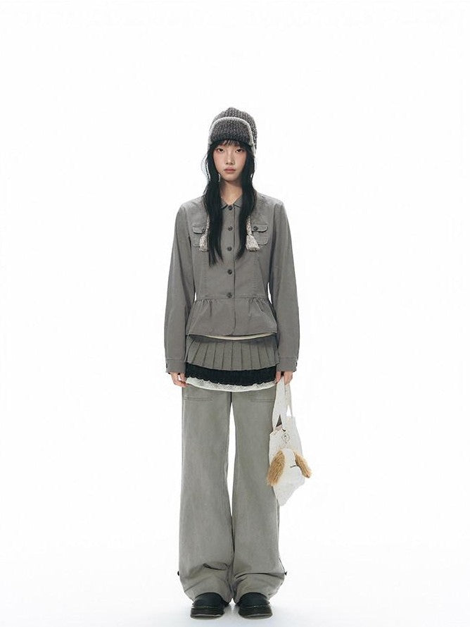 NAPSNAPS Distressed Washed Ruffle Doll Collar Utility Fitted Women&