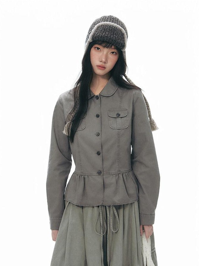 NAPSNAPS Distressed Washed Ruffle Doll Collar Utility Fitted Women&