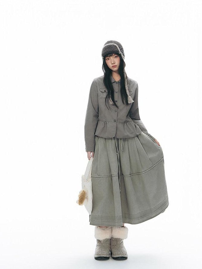 NAPSNAPS Distressed Washed Ruffle Doll Collar Utility Fitted Women&