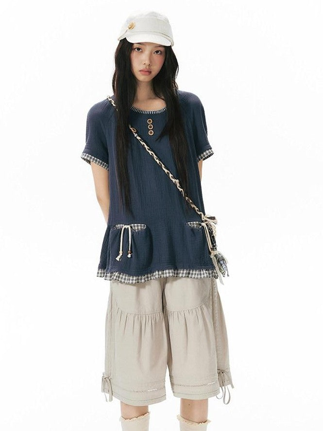 NAPSNAPS Embroidered Patchwork Loose Raglan Crewneck Women&