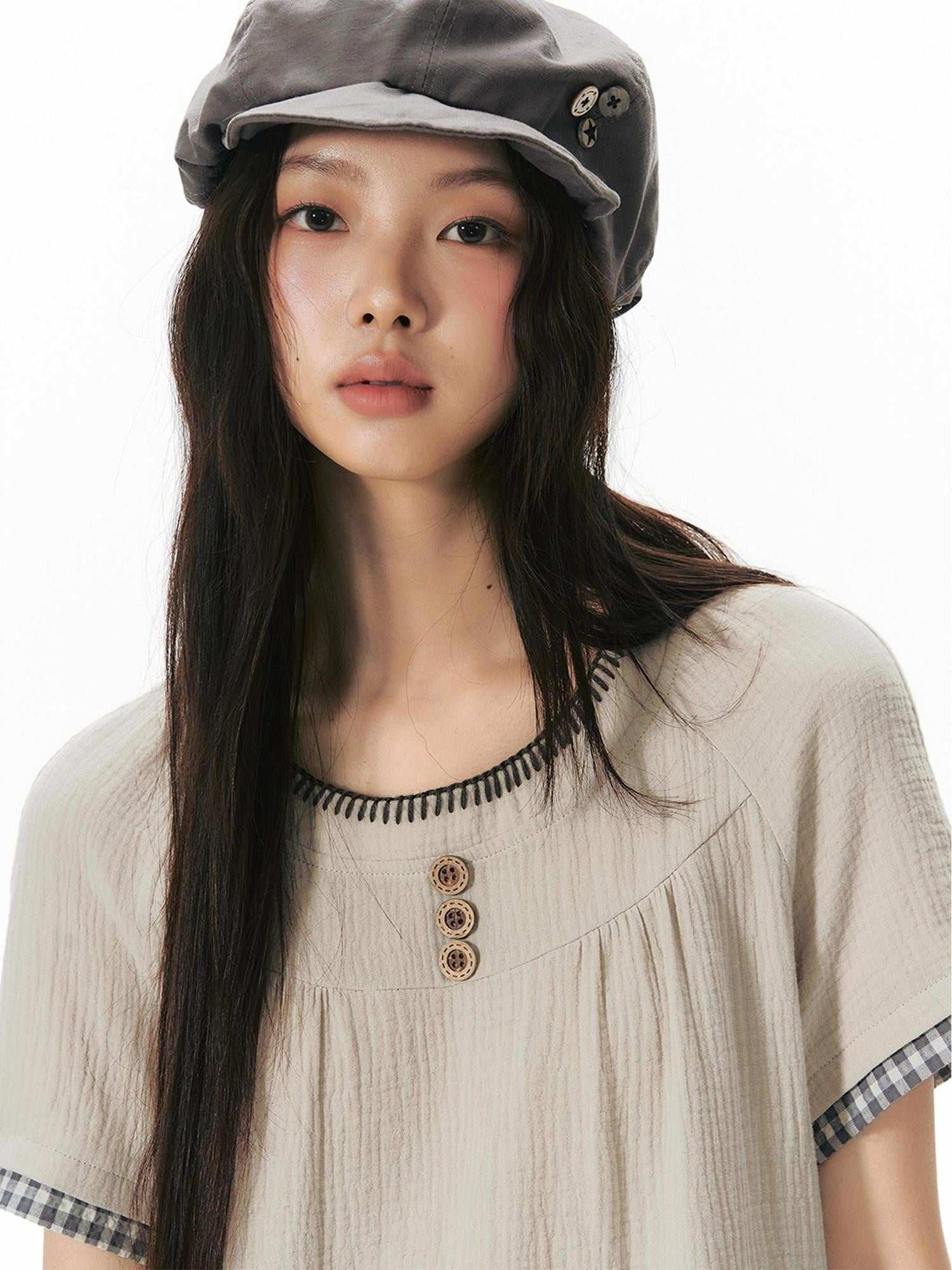 NAPSNAPS Embroidered Patchwork Loose Raglan Crewneck Women&