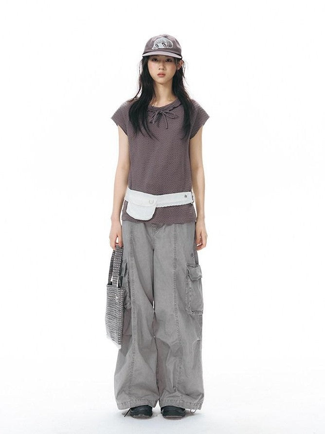 NAPSNAPS Embroidered Pocket Low Rise Wide Leg Women&