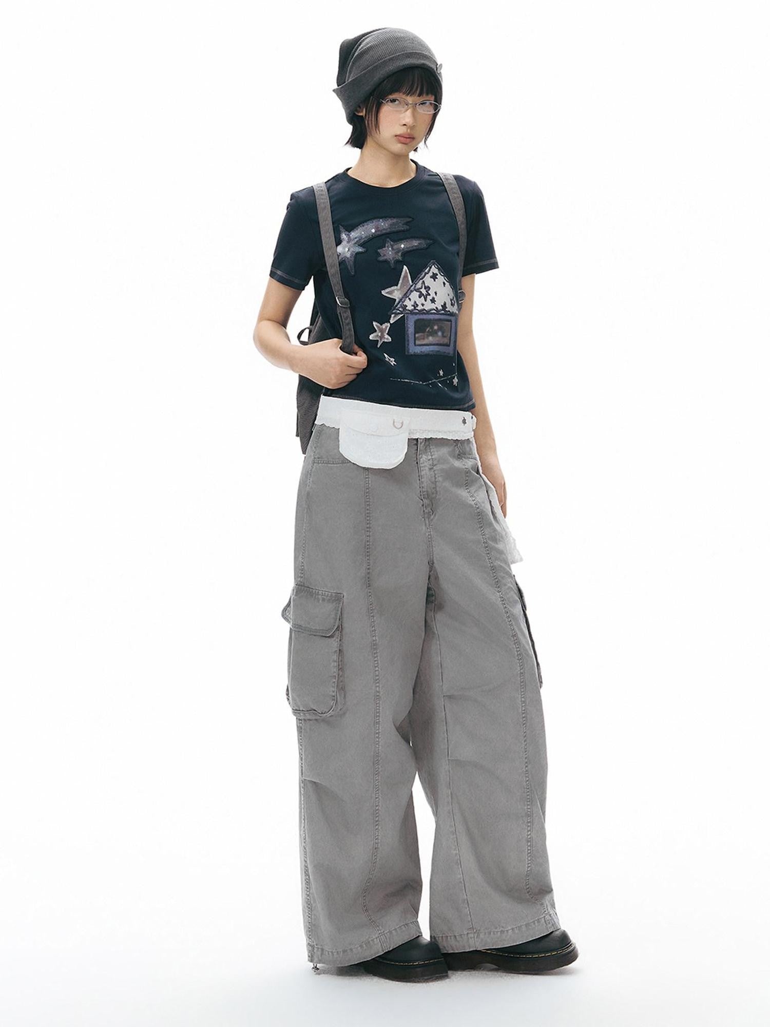NAPSNAPS Embroidered Pocket Low Rise Wide Leg Women&