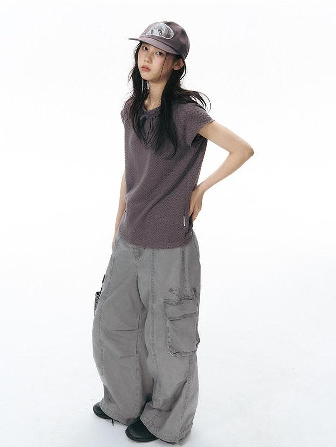 NAPSNAPS Embroidered Pocket Low Rise Wide Leg Women&