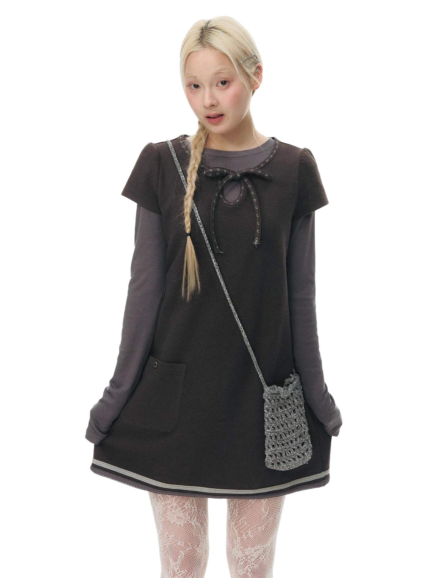 NAPSNAPS Embroidered Tie Round Neck Princess Sleeve Women&