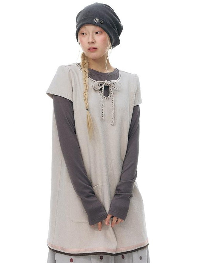 NAPSNAPS Embroidered Tie Round Neck Princess Sleeve Women&
