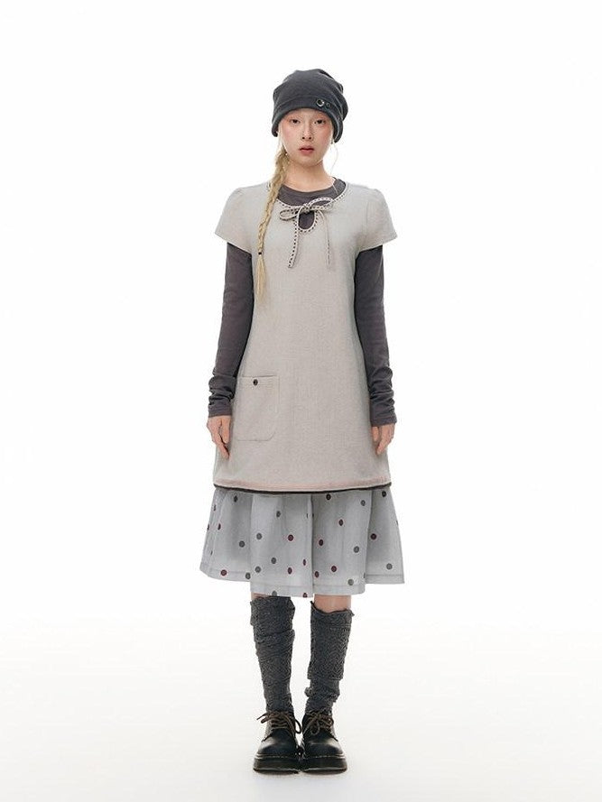 NAPSNAPS Embroidered Tie Round Neck Princess Sleeve Women&