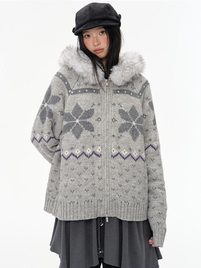NAPSNAPS Fair Isle Hooded Faux Fur Trim Women&