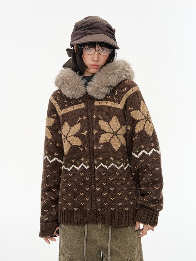 NAPSNAPS Fair Isle Hooded Faux Fur Trim Women&