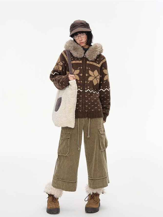 NAPSNAPS Fair Isle Hooded Faux Fur Trim Women&
