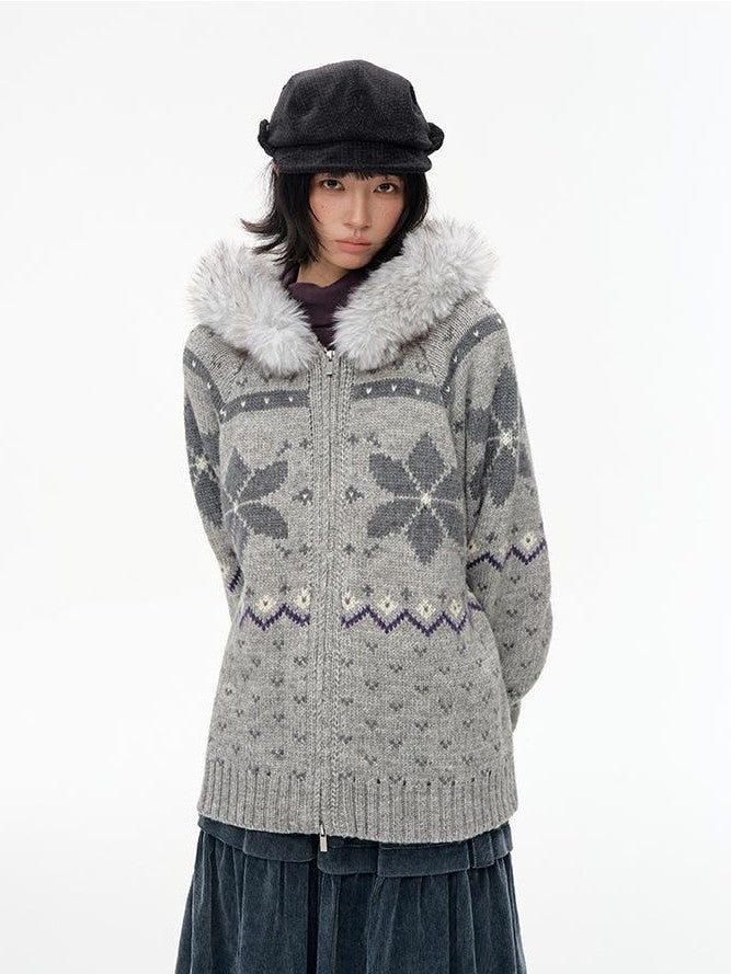 NAPSNAPS Fair Isle Hooded Faux Fur Trim Women&