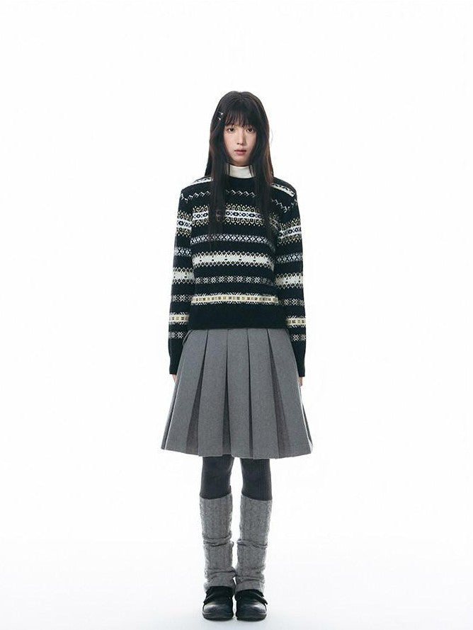NAPSNAPS Fair Isle Jacquard Striped Round Neck Fitted Women&