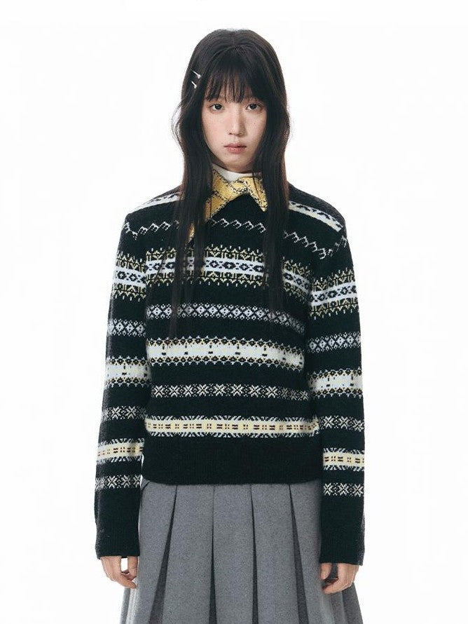 NAPSNAPS Fair Isle Jacquard Striped Round Neck Fitted Women&
