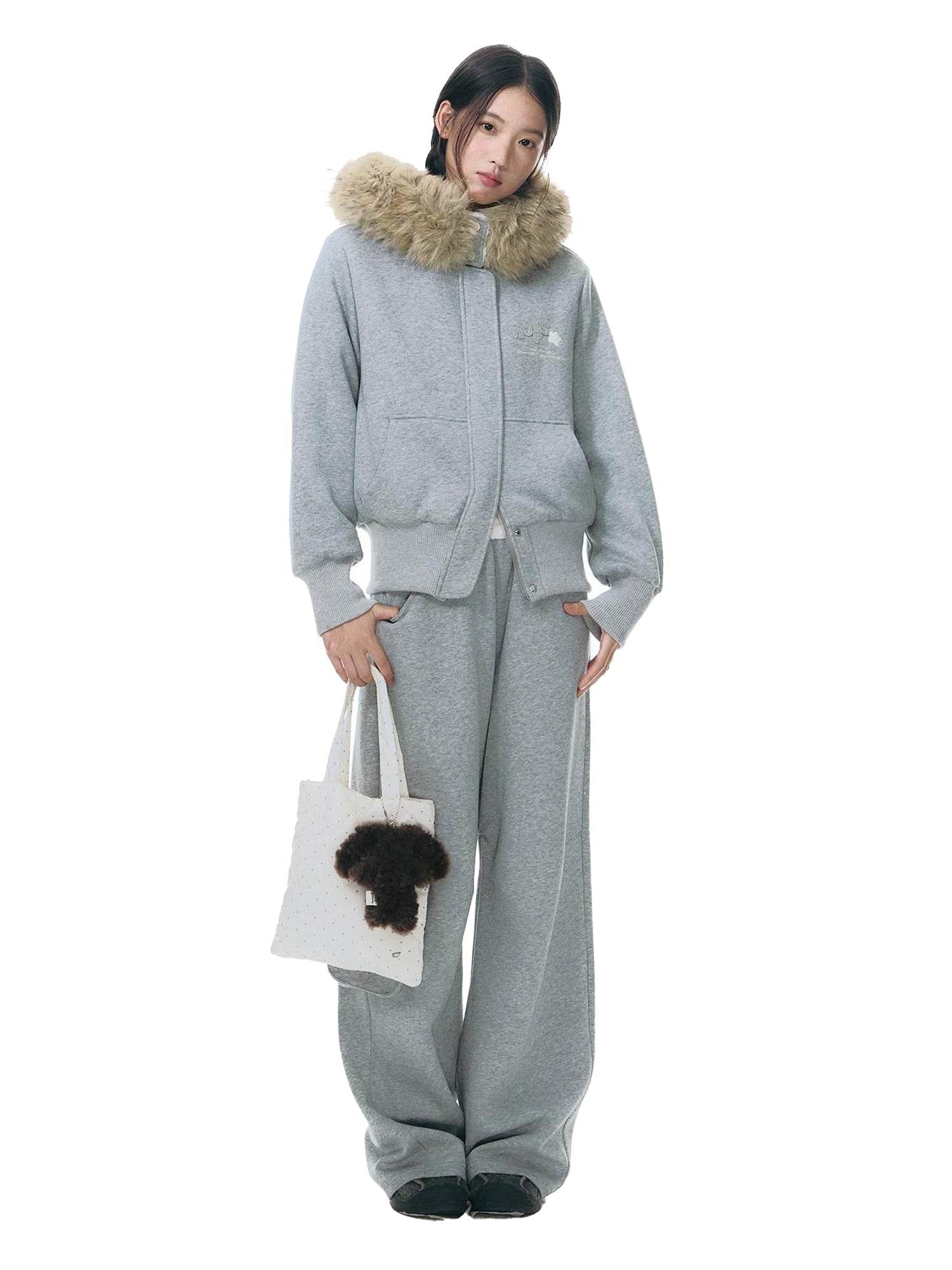 NAPSNAPS Faux Fur Collar Applique Embroidery Zip Front Women&