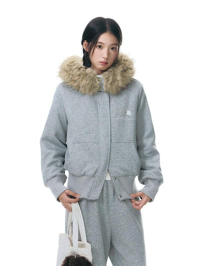 NAPSNAPS Faux Fur Collar Applique Embroidery Zip Front Women&