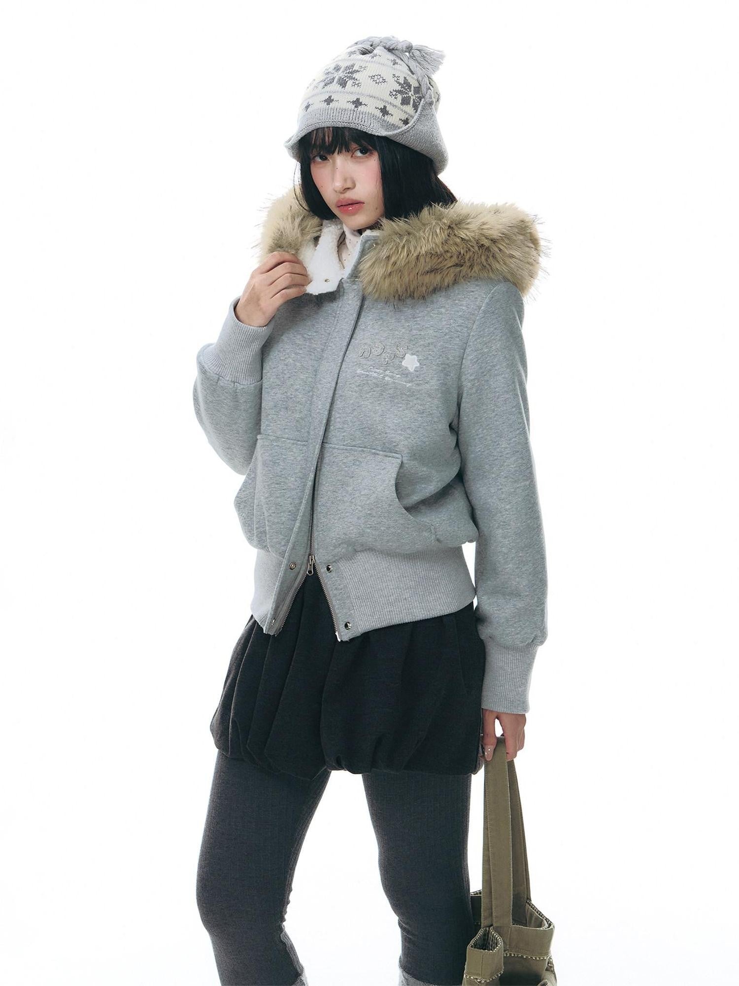 NAPSNAPS Faux Fur Collar Applique Embroidery Zip Front Women&