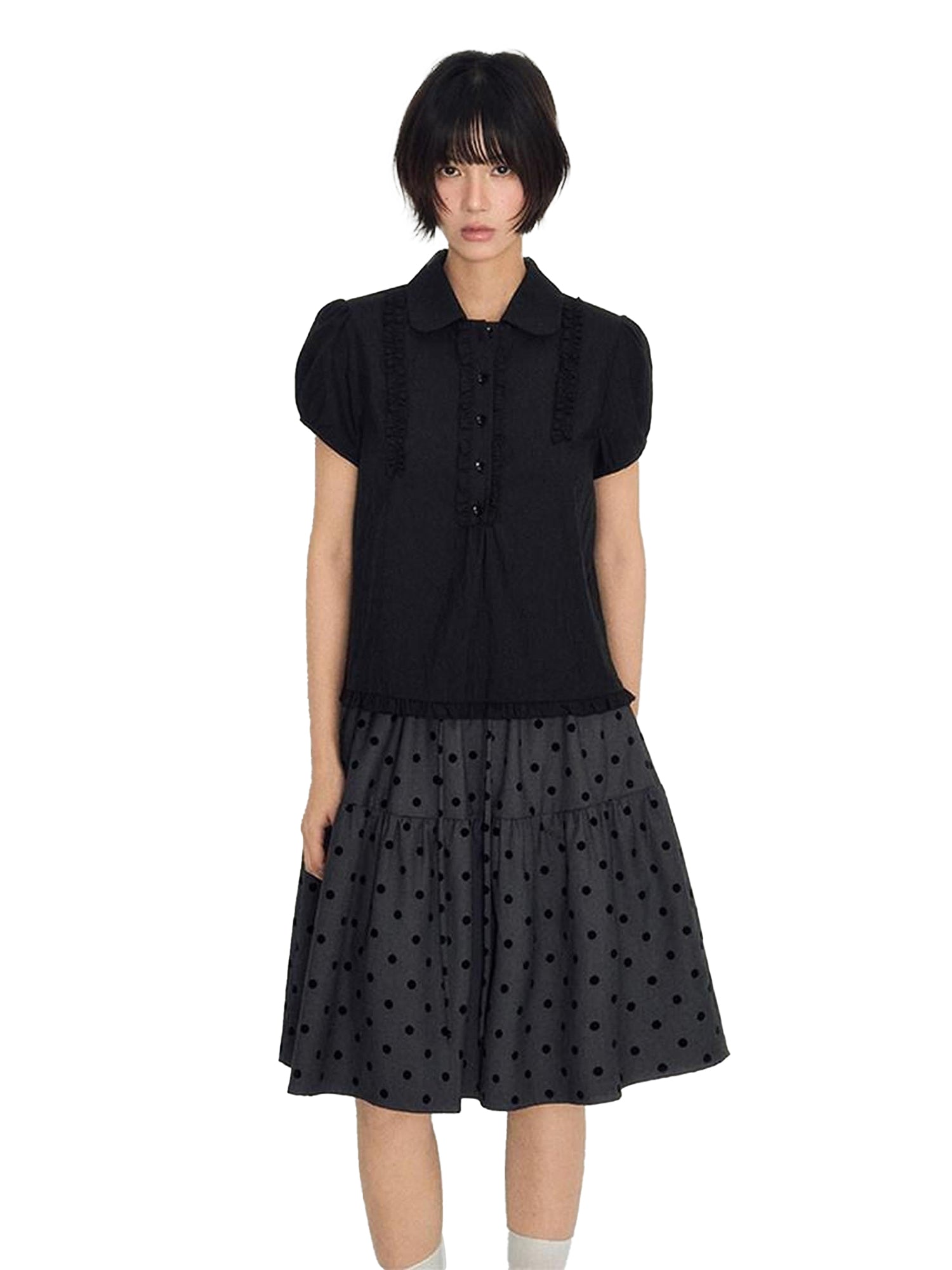 NAPSNAPS Flocked Polka Dot Lace Doll Collar Puff Sleeve Women&