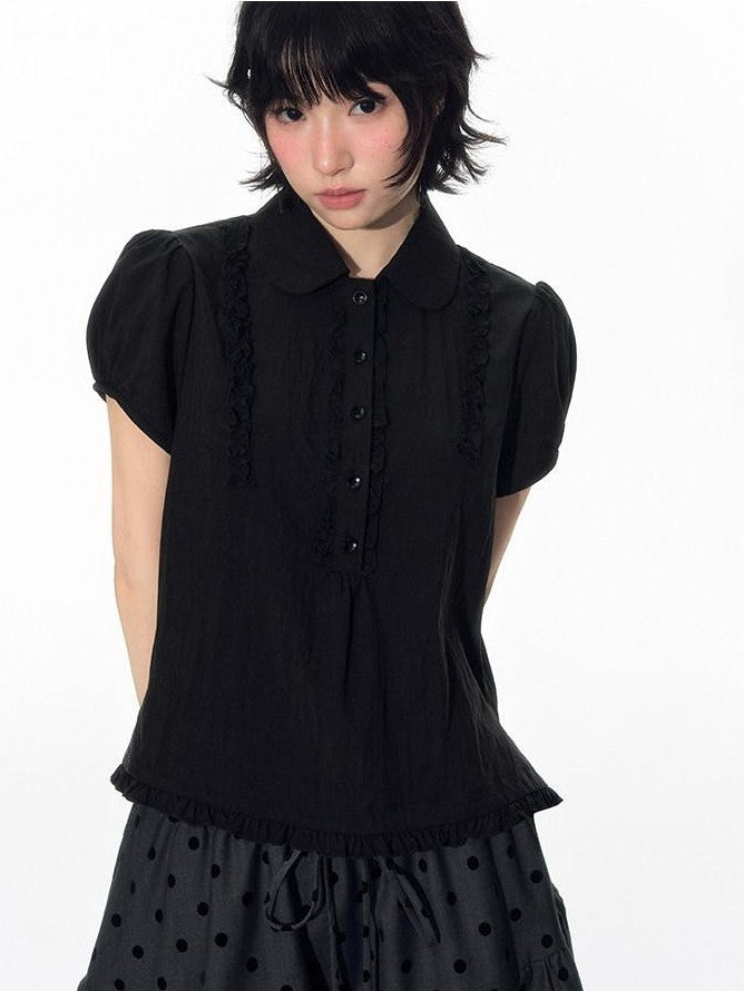 NAPSNAPS Flocked Polka Dot Lace Doll Collar Puff Sleeve Women&