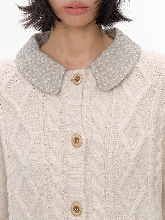 NAPSNAPS Floral Patchwork Shirt Collar Cable Knit Women&