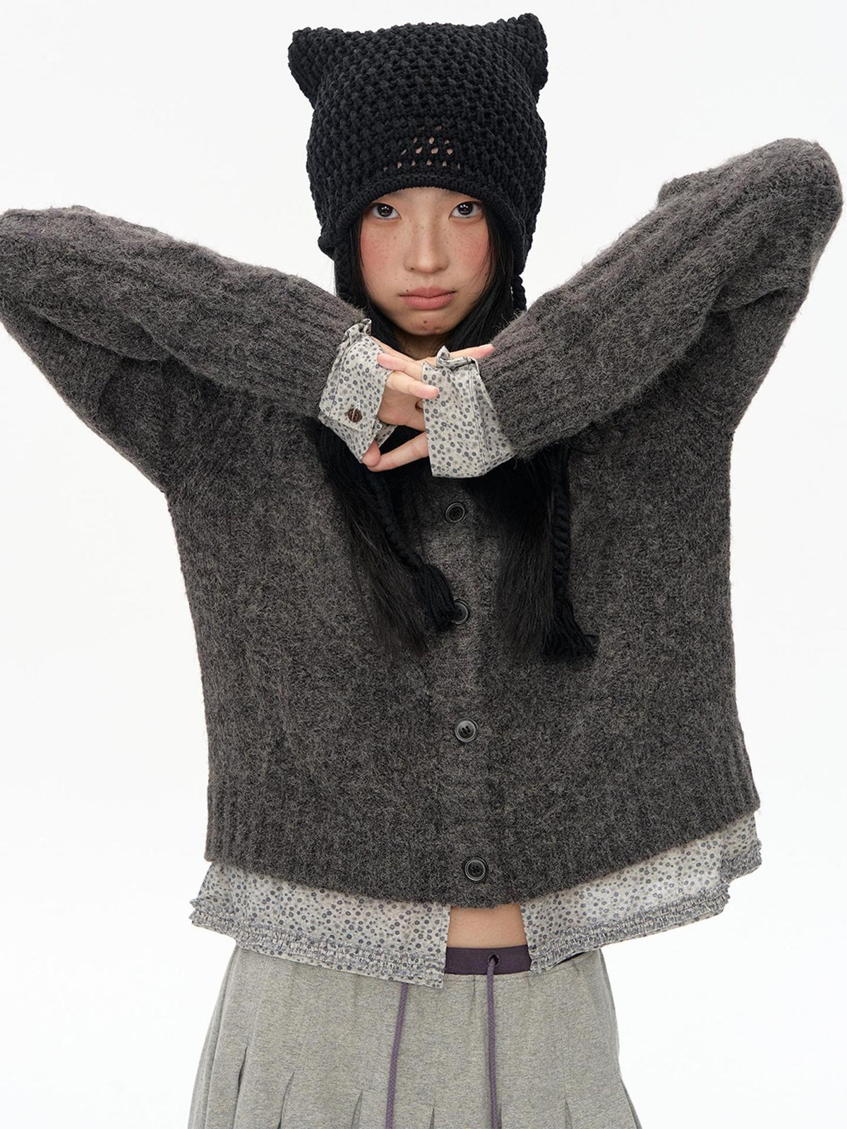 NAPSNAPS Floral Patchwork Shirt Collar Cable Knit Women&